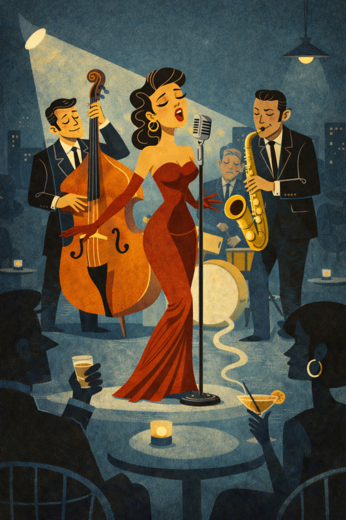 An illustration in mid century style of a torch singer and band in a club