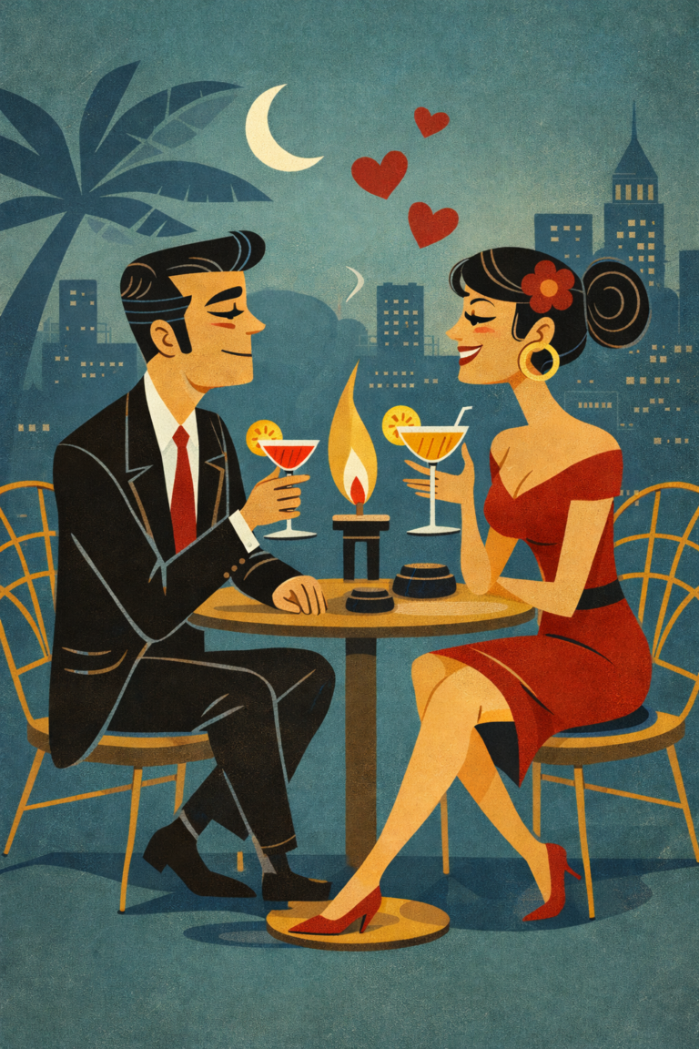 Couple enjoying a cocktail Mid-century Vibe